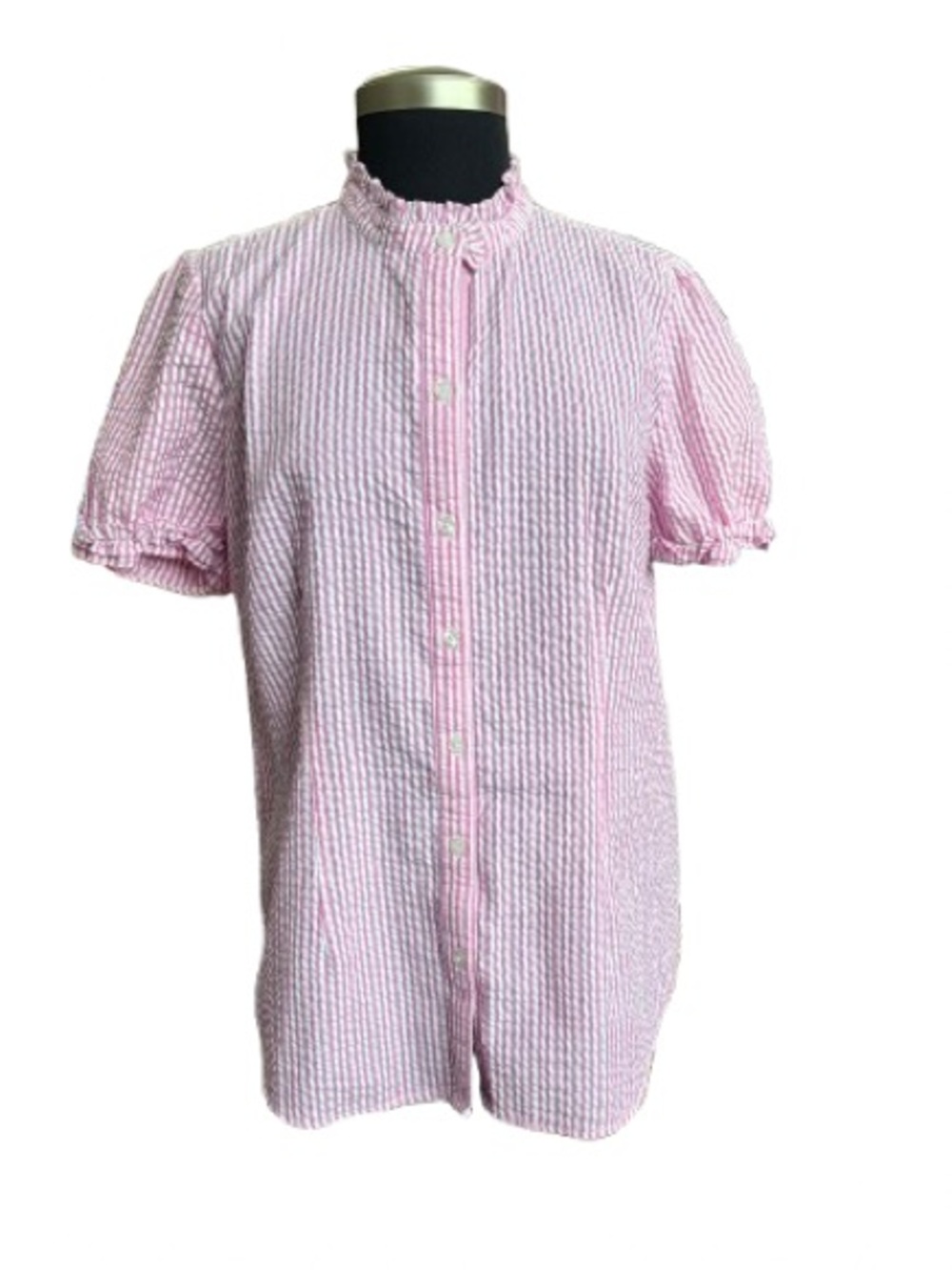 Lilly Pulitzer Button Up Seersucker Ruffle Detailing On Neck And Sleeves Size 14
